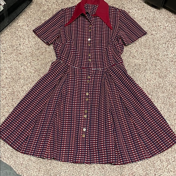 Vintage Dresses & Skirts - Vintage 60s huge collared Red and Blue Checkered pleated button front dress